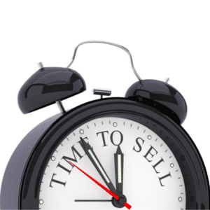 Ein schwarzer Wecker mit der Aufschrift „Time“ zum Verkaufen für Cross-Selling-Zwecke.
